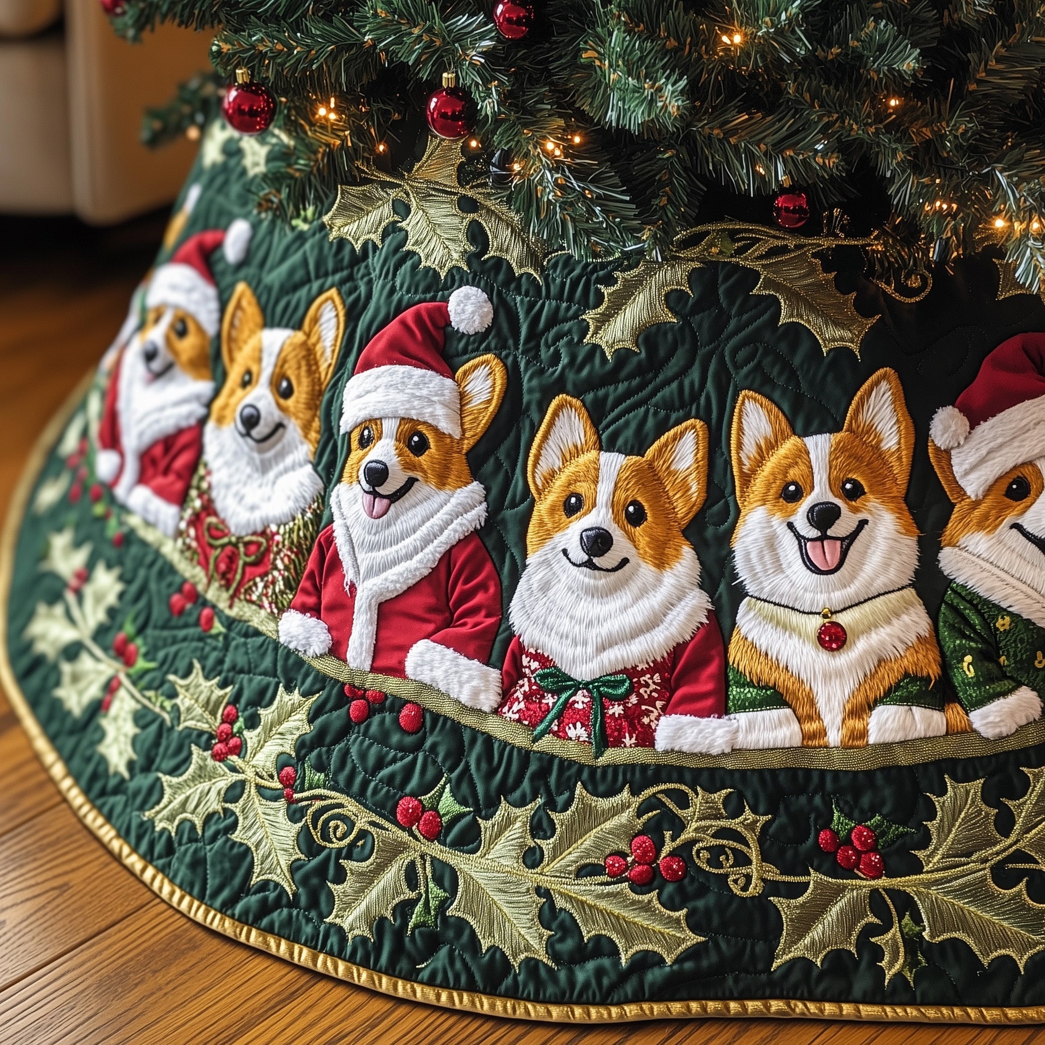 Corgi Charm Quilted Tree Skirt Cozy Home Decor Gift Merch