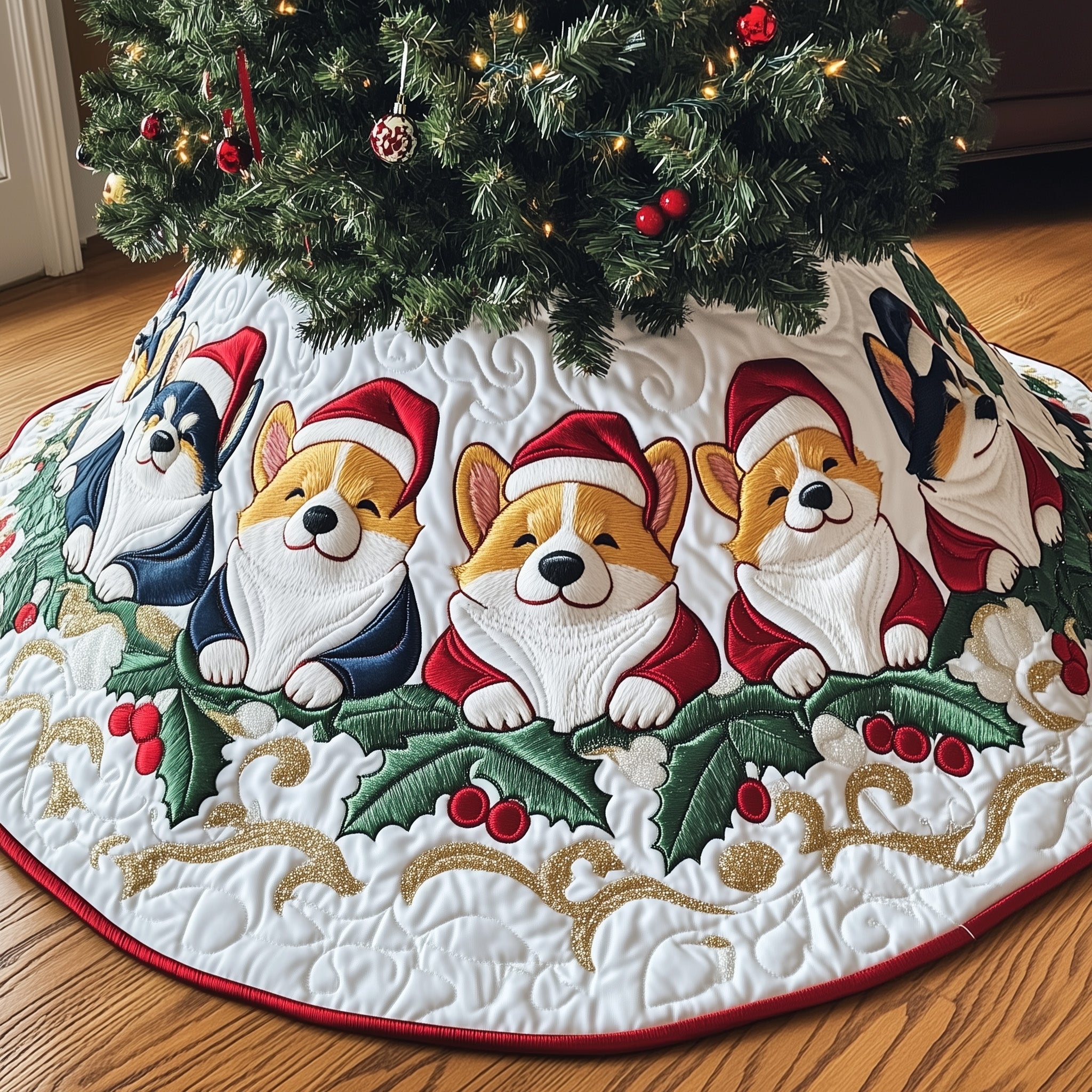 Corgi Charm Quilted Tree Skirt Cozy Tree Skirt For Holiday Decor