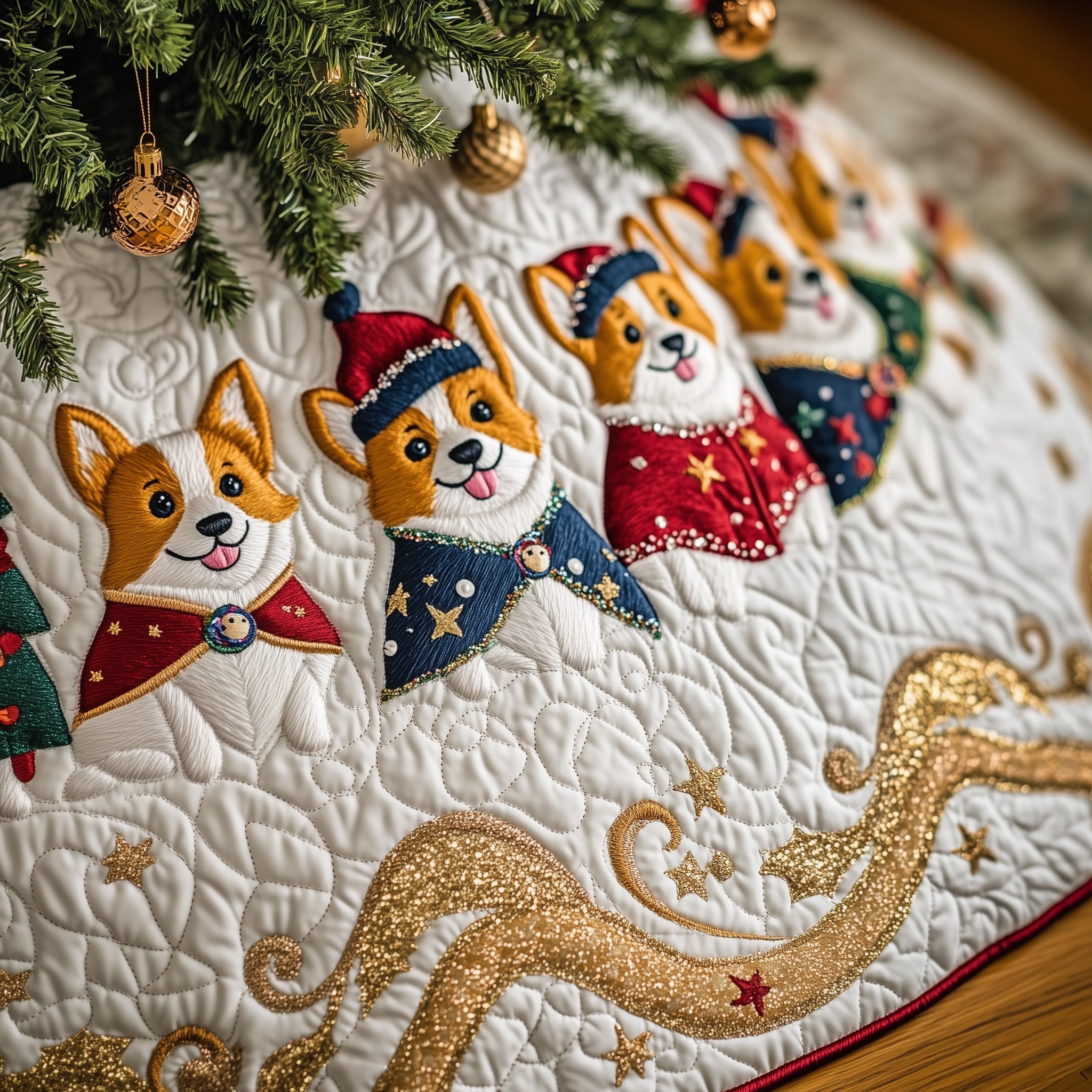 Corgi Charm Quilted Tree Skirt Stylish Holiday Decor Gift Merch