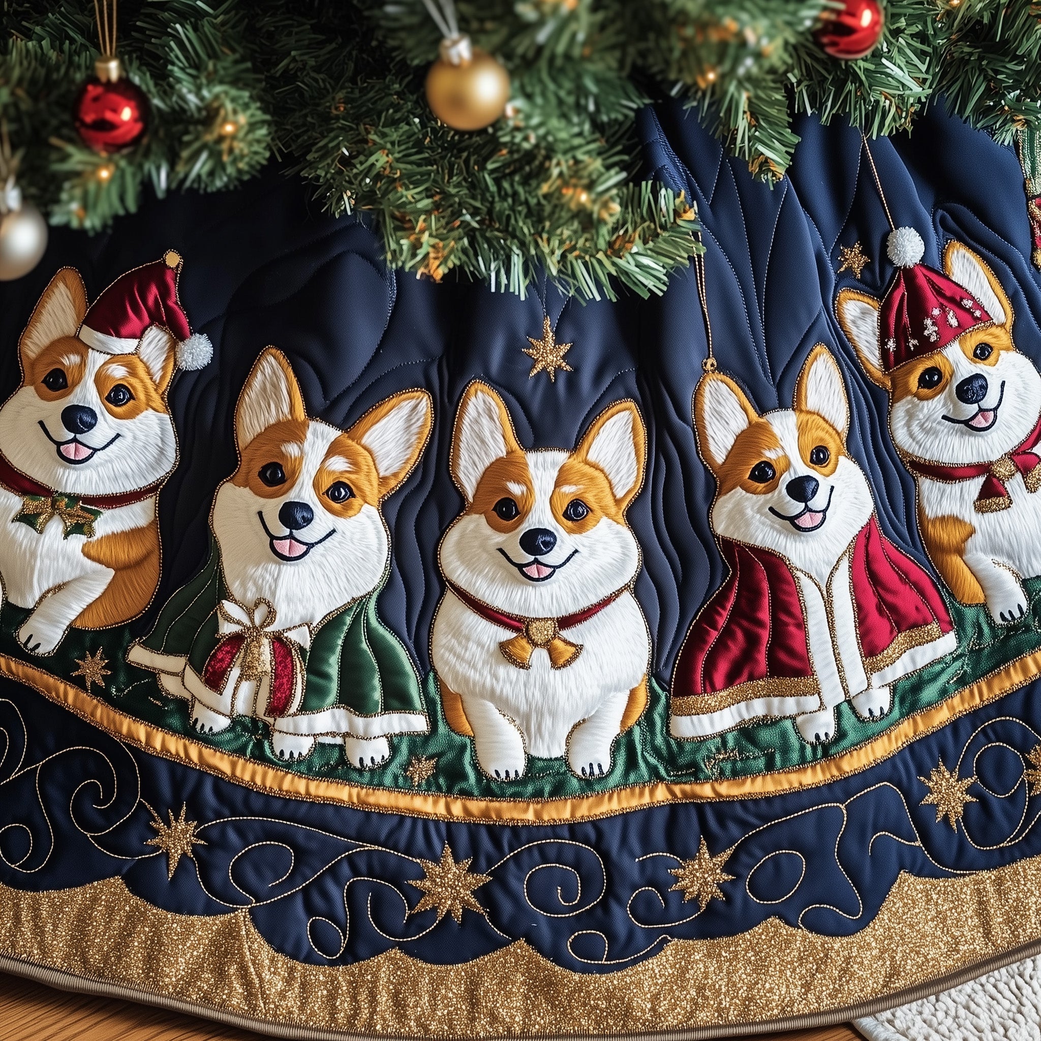 Corgi Charm Quilted Tree Skirt Warm Winter Home Merch