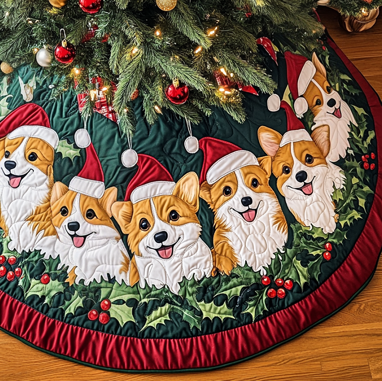 Corgi Cheer Christmas Quilted Tree Skirt Charming Tree Skirt for Family Gatherings