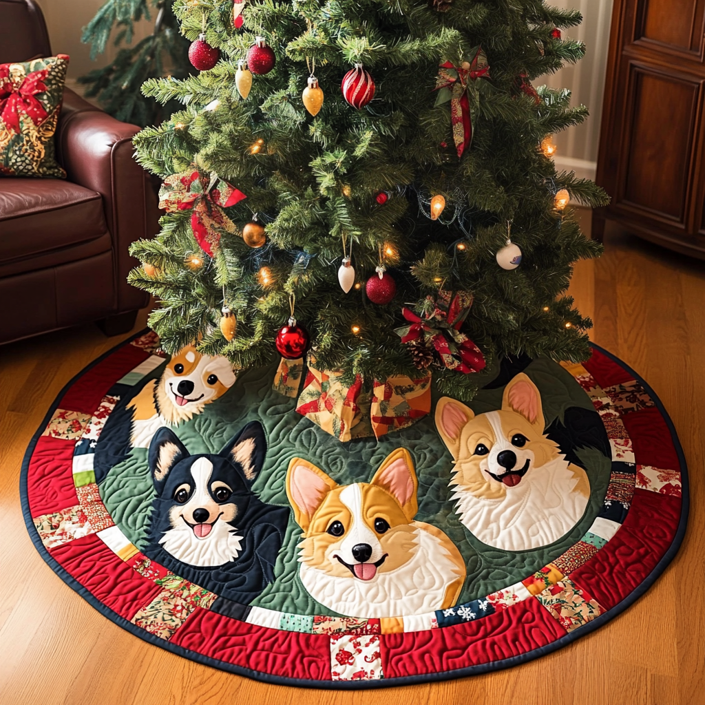 Corgi Christmas Joy Chritstmas Quilted Tree Skirt Adorable Holiday Tree Skirt for Cozy Spaces