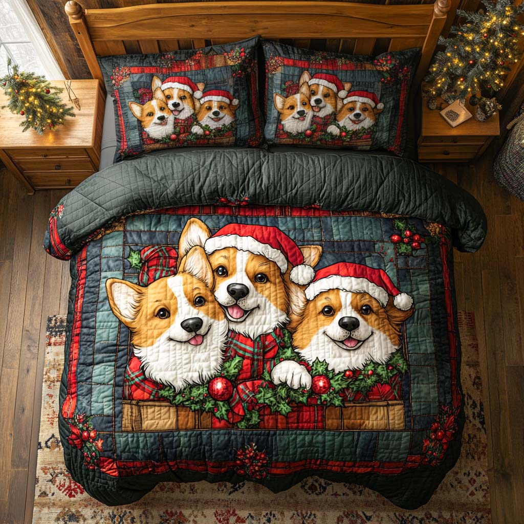 Corgi Christmas Joy Quilted Bedding Set Holiday Season Duvet Cover Set Presents For Corgi Lovers