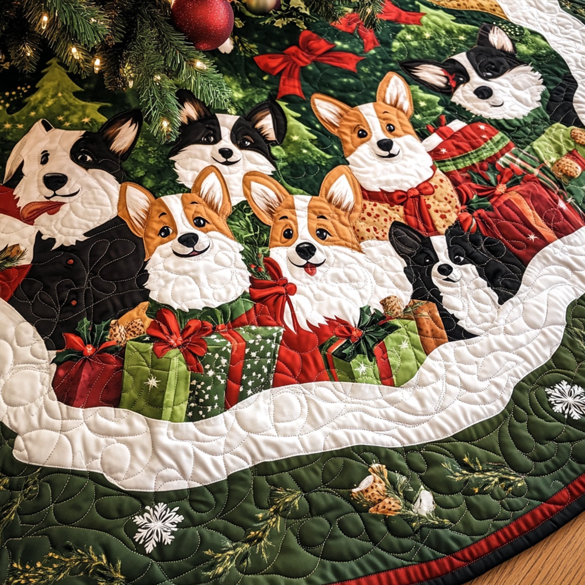 Corgi Christmas Joy Quilted Christmas Tree Skirt Lovely Holiday Tree Skirt for Festive Vibes