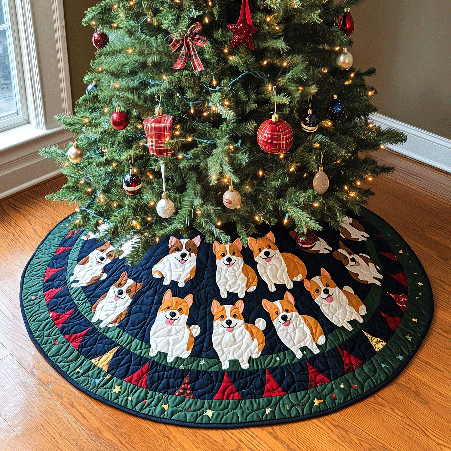 Corgi Christmas Quilted Christmas Tree Skirt Festive Christmas Tree Skirt for Holiday Decor