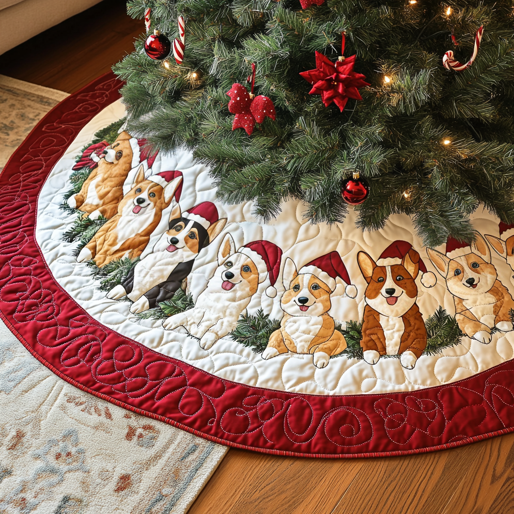 Corgi Christmas Quilted Tree Skirt Popular Gift Merch for Christmas Enthusiasts