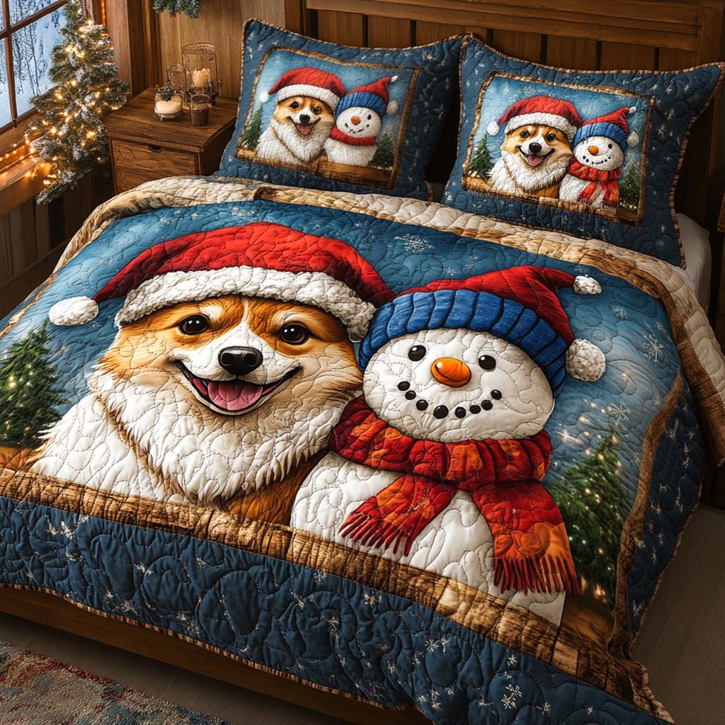 Corgi Christmas Smile Quilted Bedding Set Best Christmas Duvet Cover Set Cute Dog Owner Gift Ideas