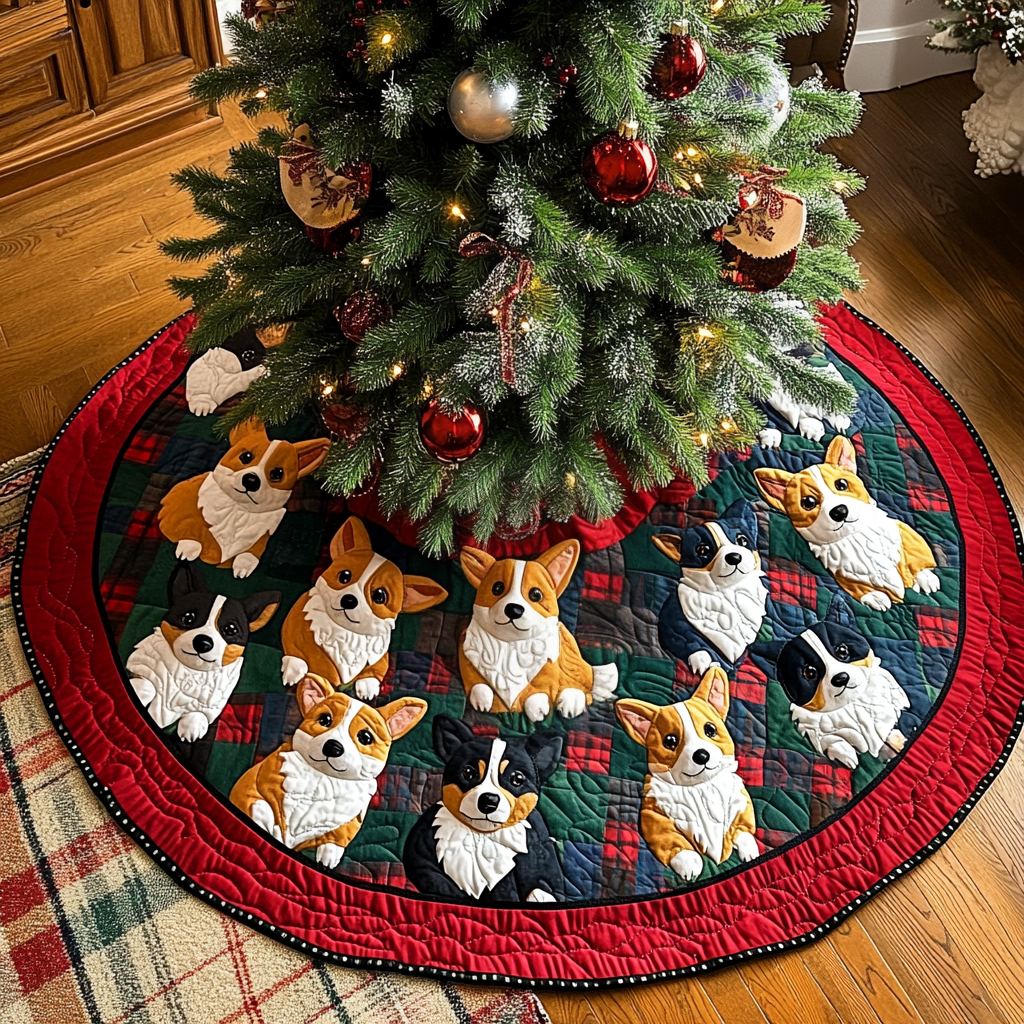 Corgi Claus is Coming Chritstmas Quilted Tree Skirt Christmas Tree Base Cover Gifts For Mum Christmas