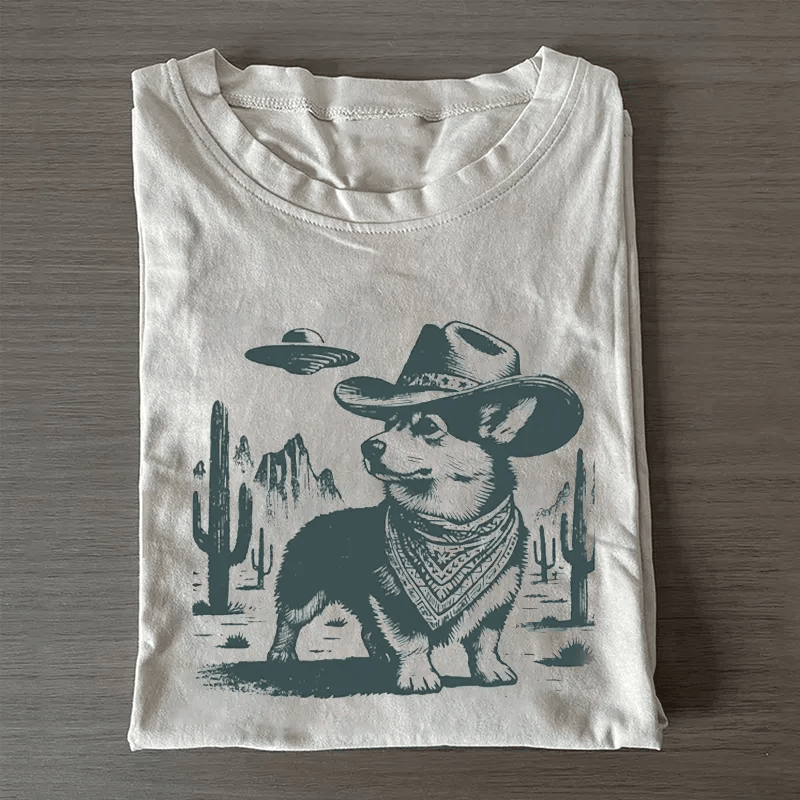 Corgi Cowboy UFO Desert T-Shirt Funny Corgi Dog Lover Tee Western Corgi Shirt Best Gift For Corgi Fans