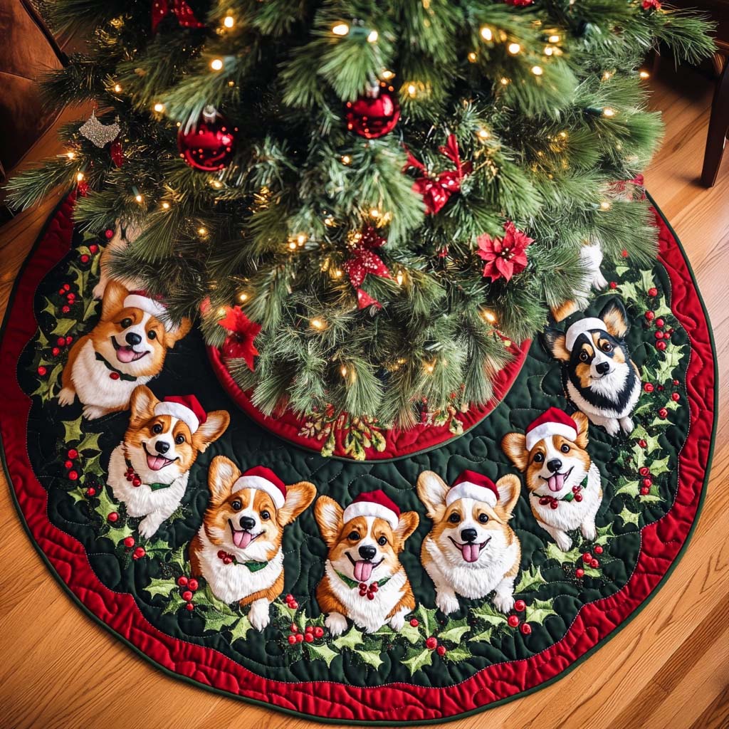 Corgi Dreams Christmas Quilted Tree Skirt Unique Holiday Gift Merch for Family Homes