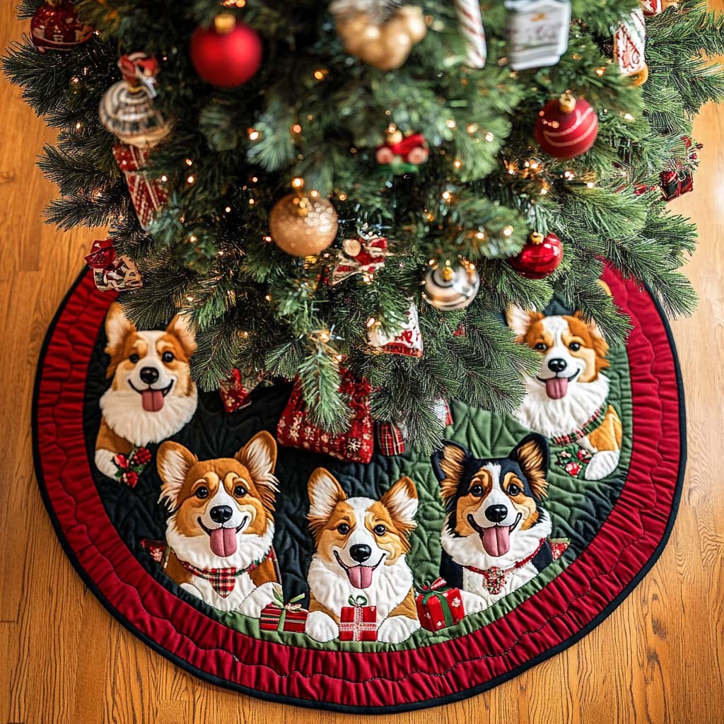 Corgi Excursions Christmas Quilted Tree Skirt Christmas Tree Bottom Cover Thoughtful Christmas Gifts For Wife