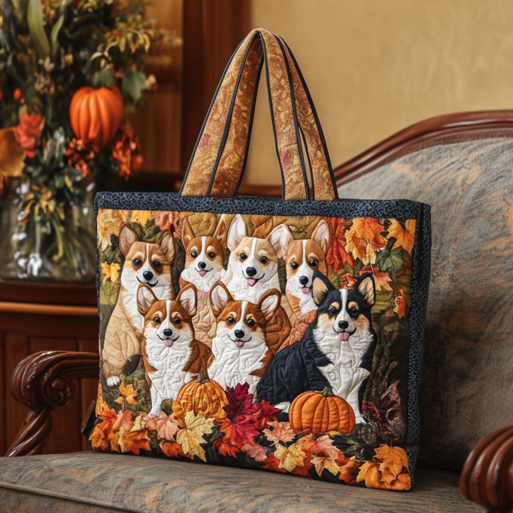 Corgi Fall Walk Quilted Tote Bag Beach Related Gift Ideas