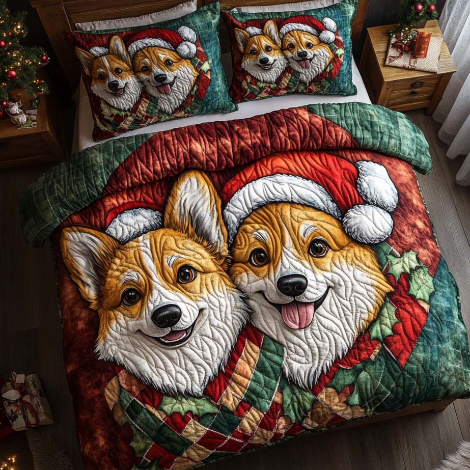 Corgi Festive Pair Quilted Bedding Set Christmas Bed Sheets Corgi Gifts For Corgi Lovers
