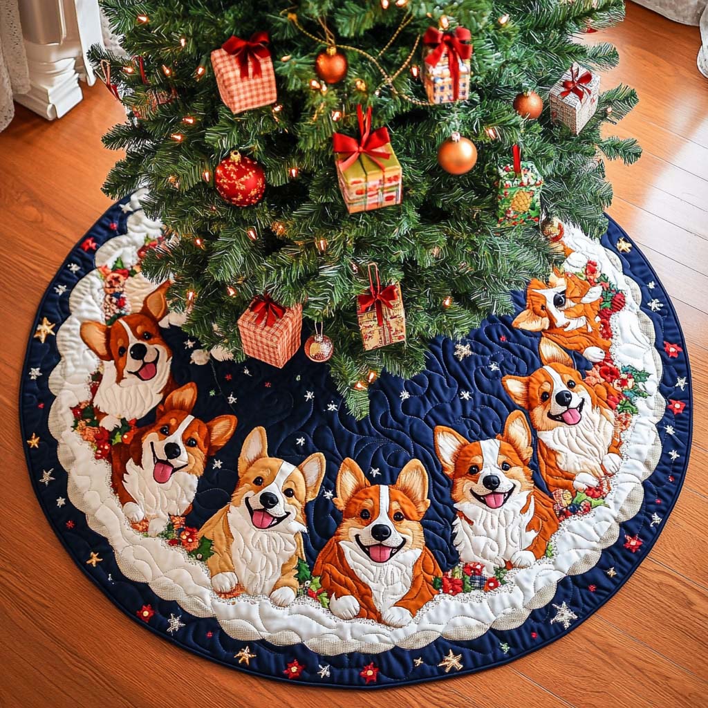 Corgi Footprints Christmas Quilted Tree Skirt Cozy Holiday Home Decor