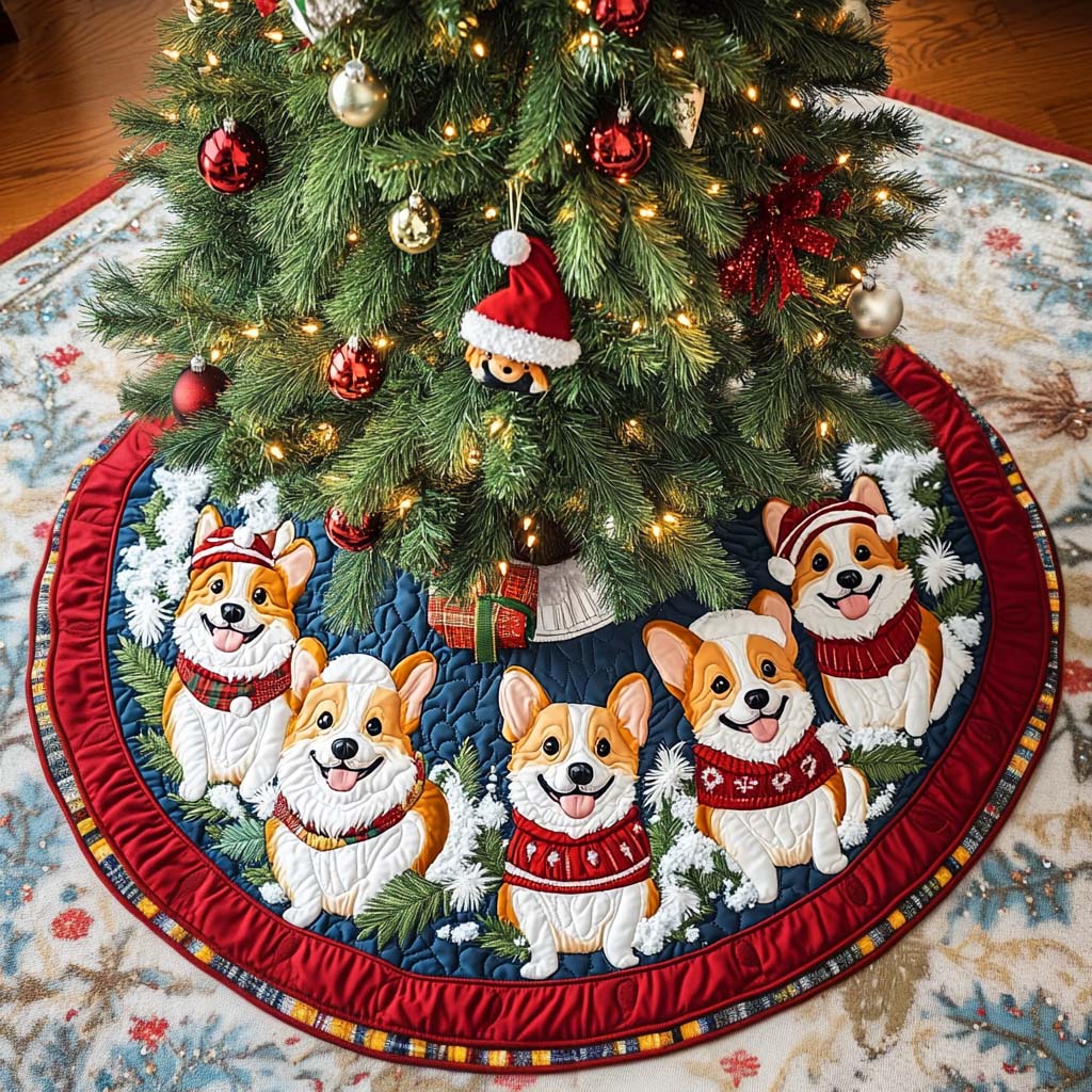 Corgi Haven Christmas Quilted Tree Skirt Holiday Tree Base Decoration