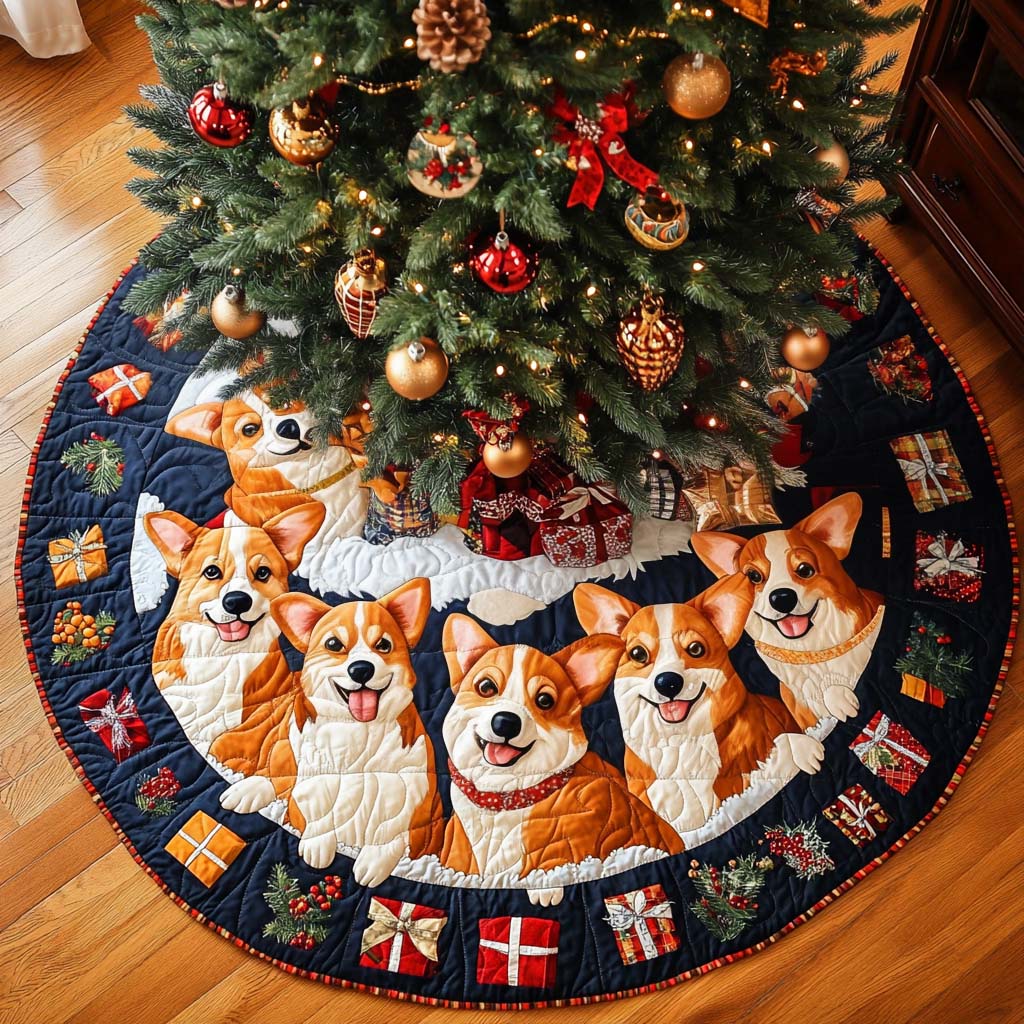 Corgi Hearts Christmas Quilted Tree Skirt Lovely Gift Merch for a Festive Home