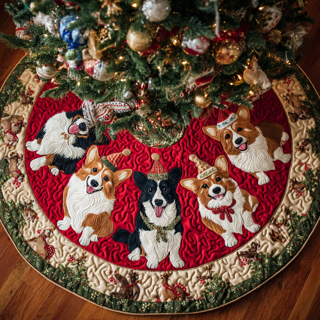 Corgi Holiday Circle Quilted Christmas Tree Skirt Seasonal Gift Merch for Festive Homes