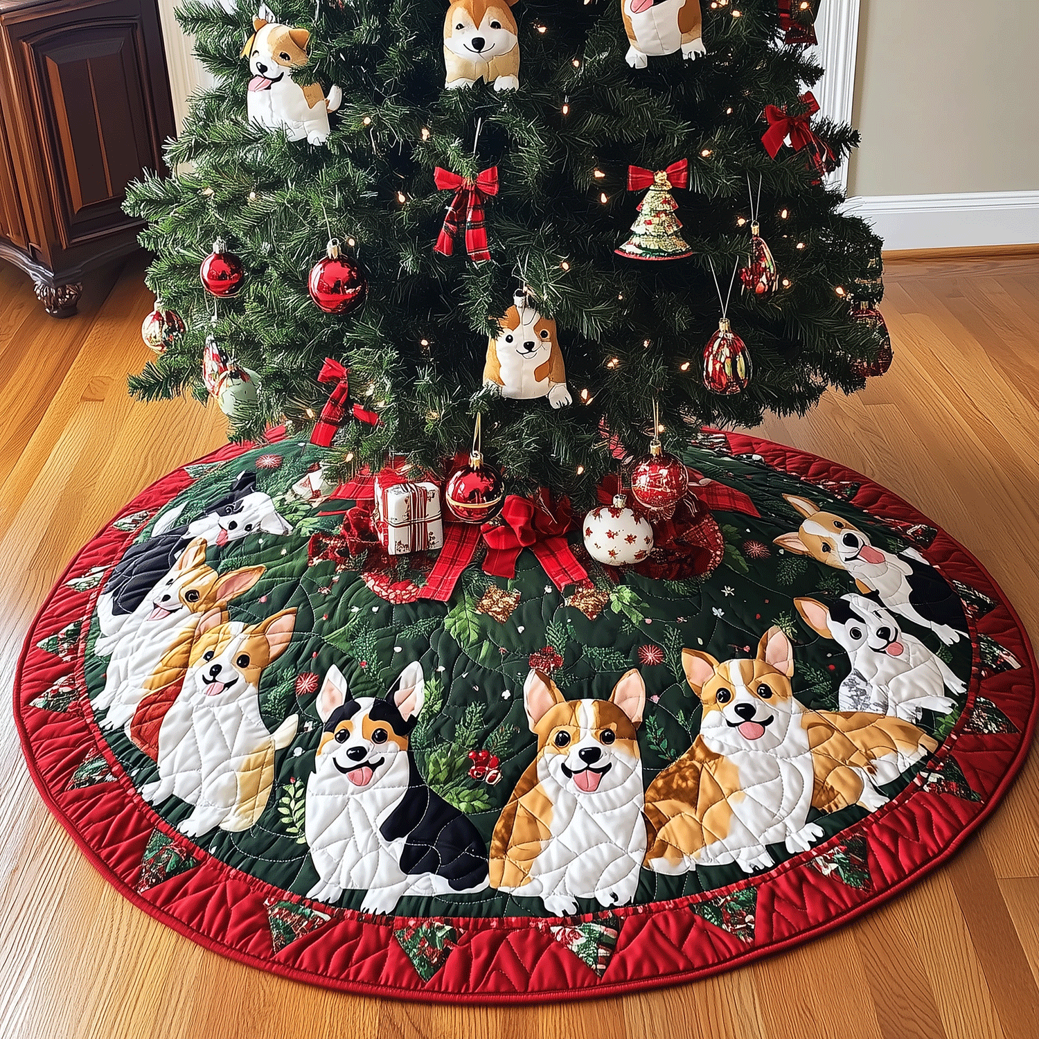 Corgi Holiday Quilted Christmas Tree Skirt Perfect Holiday Gift for Home Decor Lovers