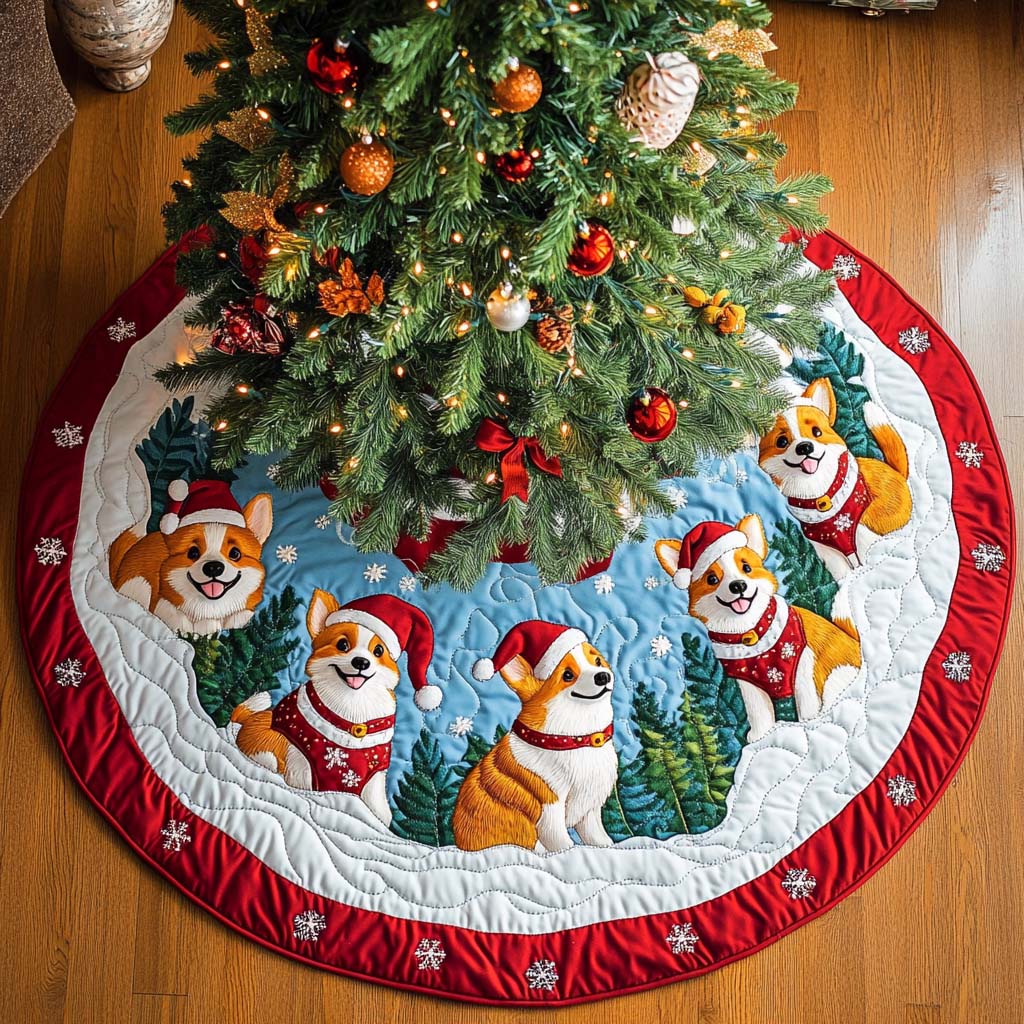 Corgi Joy Christmas Quilted Tree Skirt Christmas Holiday Decor Home