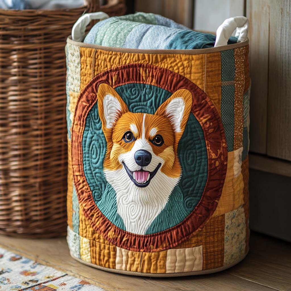 Corgi Joy Quilted Laundry Basket Winter Merch Essentials