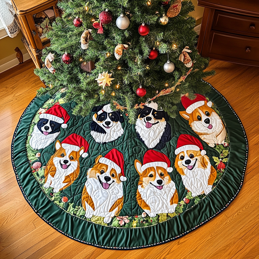 Corgi Joyful Christmas Quilted Tree Skirt Christmas Holiday Decor Home