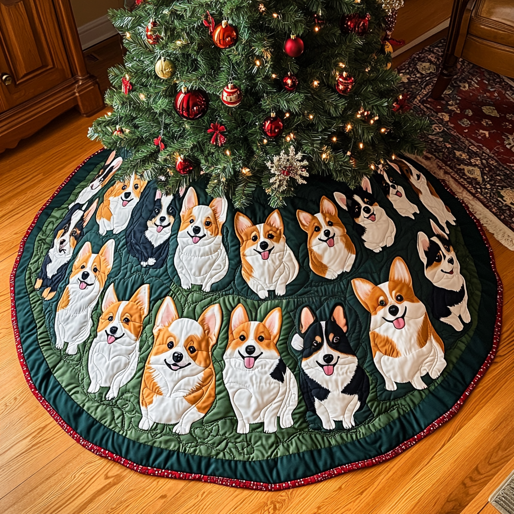 Corgi Magic Christmas Quilted Tree Skirt Christmas Holiday Decor Home