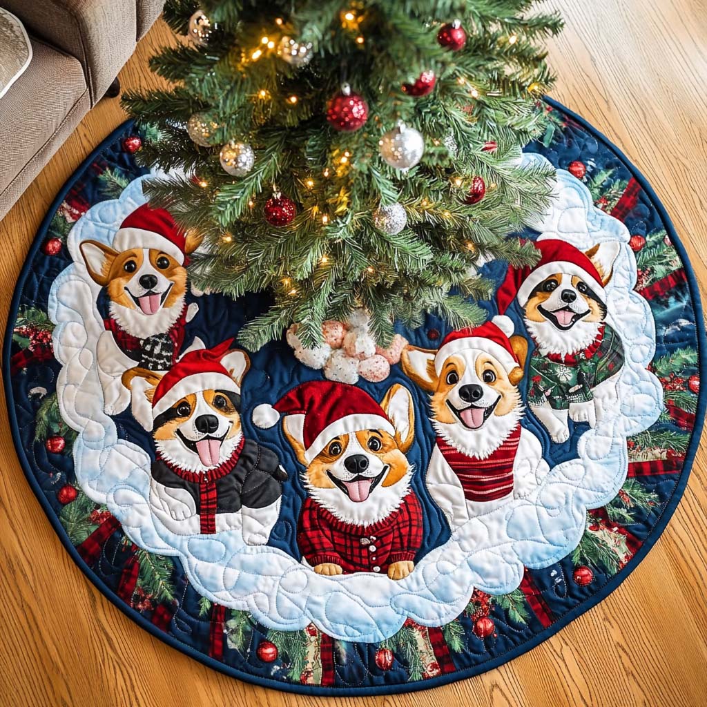 Corgi Magic Christmas Quilted Tree Skirt Festive Christmas Tree Skirt for Holiday Decor