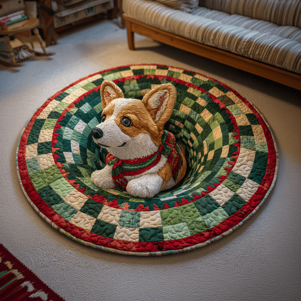 Corgi Noel Quilted Round Mat Christmas Round Mat Indoor Home Decor Xmas Gift for Corgi Lovers