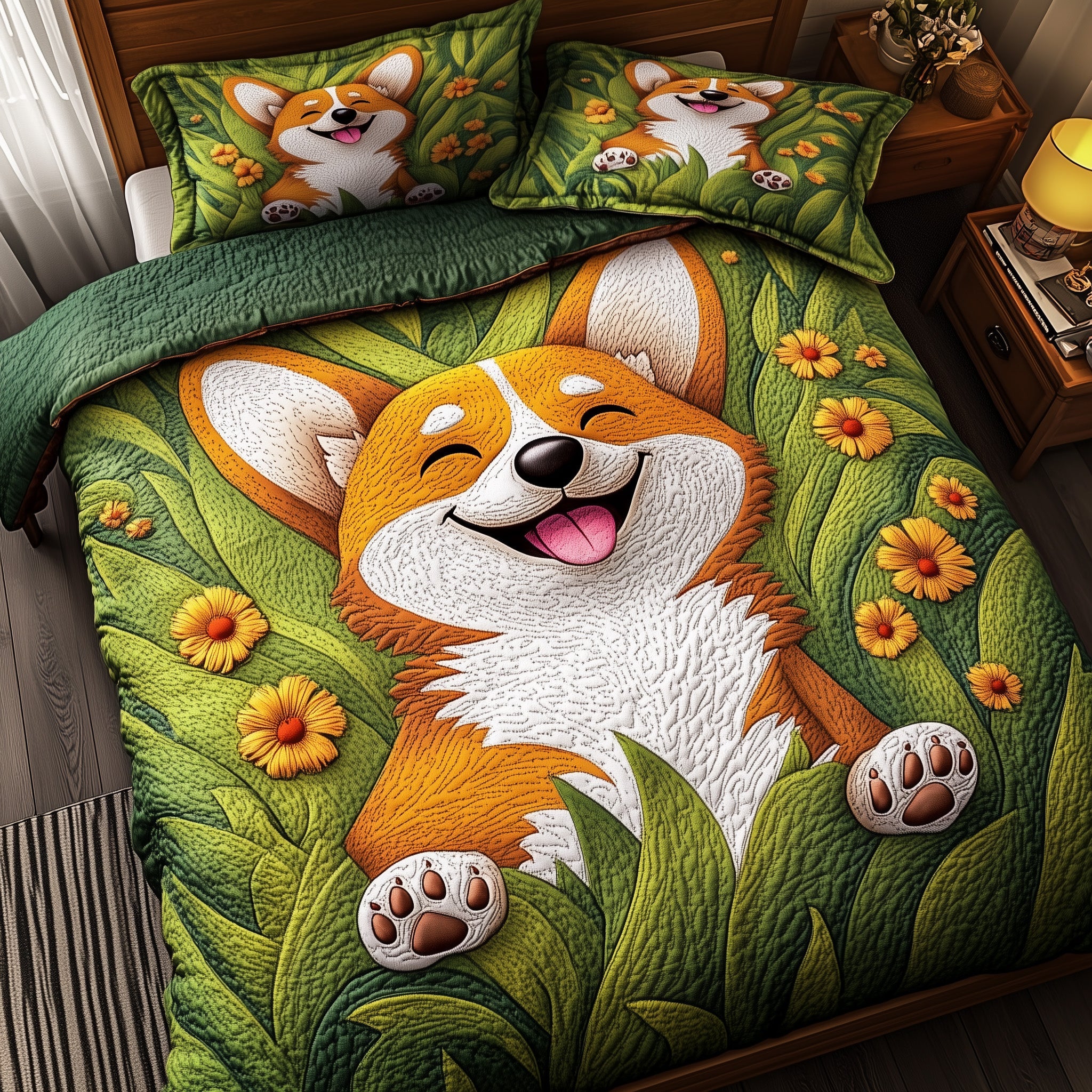 Corgi Quilted Bedding Set Duvet Cover Bedspread Christmas Gifts For Dog Lovers