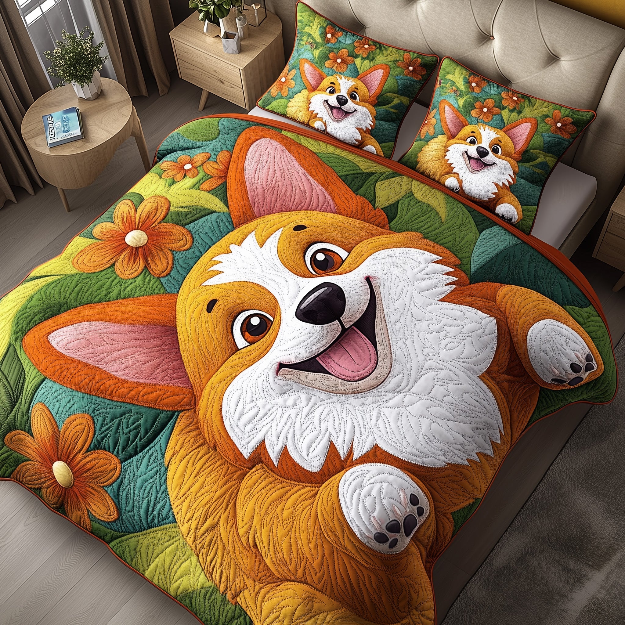 Corgi Quilted Bedding Set Duvet Cover Bedspread Christmas Presents For Dog Lovers