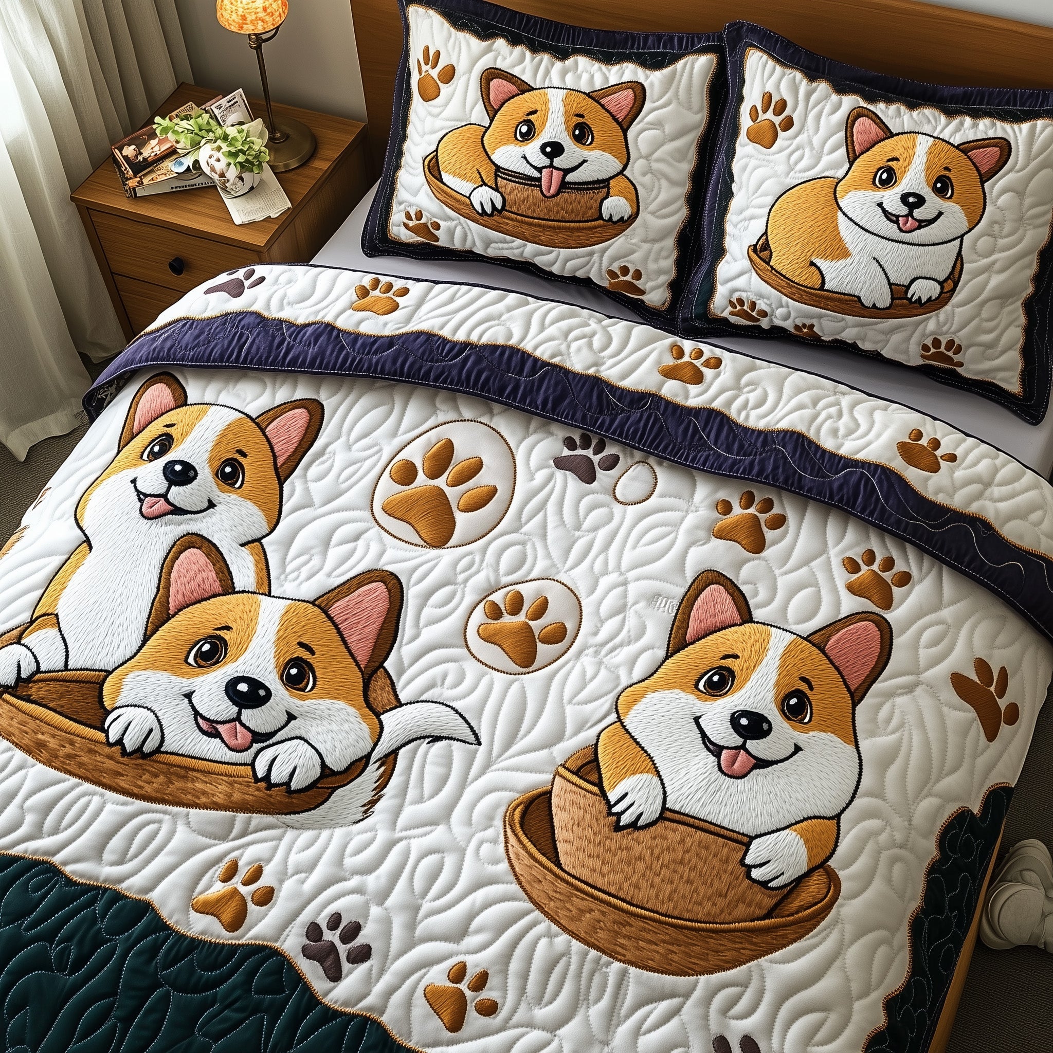 Corgi Quilted Bedding Set Duvet Cover Bedspread Cute Gifts For Dog Lovers Owners