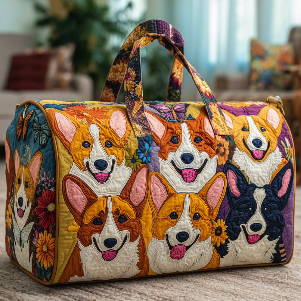 Corgi Quilted Duffle Bag Cute Puppy Floral Patchwork Best Gift For Corgi Lovers