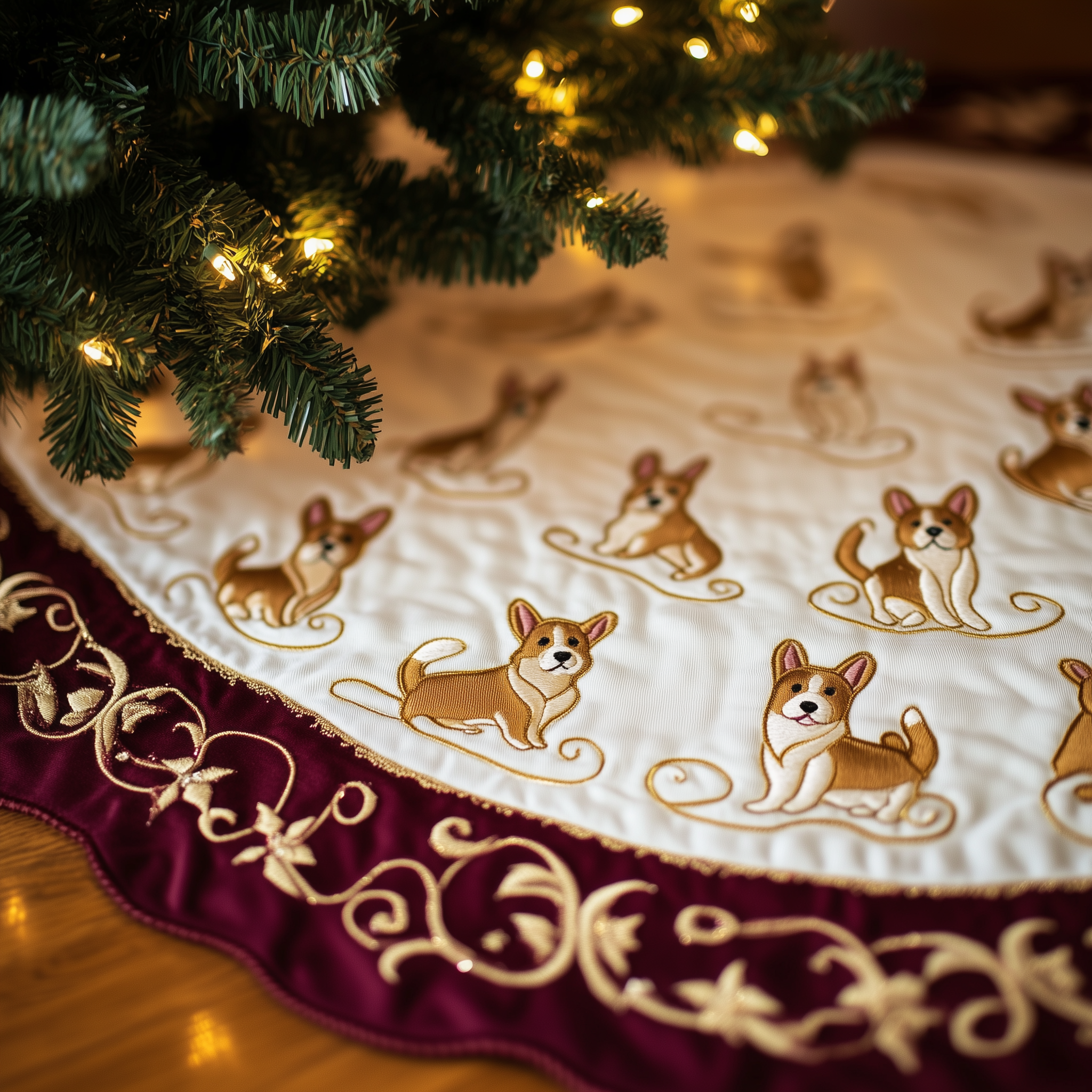 Corgi Quilted Tree Skirt Cute Xmas Tree Base Cover Merchandise Corgi Christmas Decorations