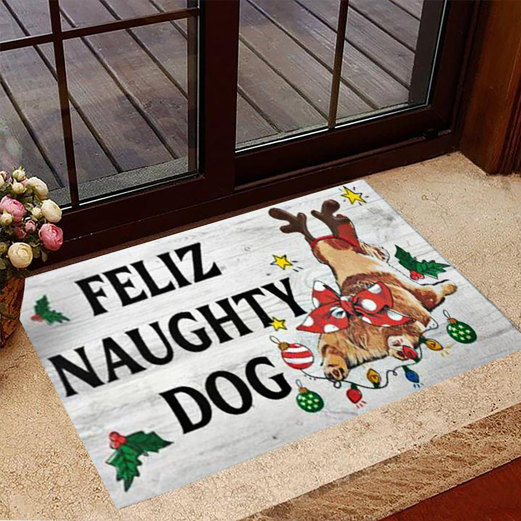 Corgi Reindeer Feliz Naughty Dog Merry Christmas Door Mat Doormat