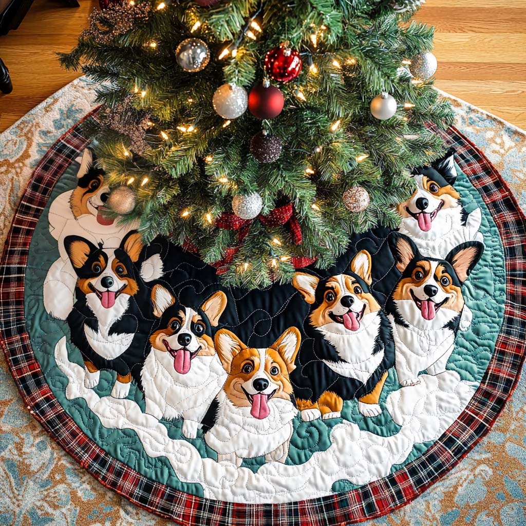 Corgi Serenity Christmas Quilted Tree Skirt Warm and Soft Christmas Tree Skirt for Winter
