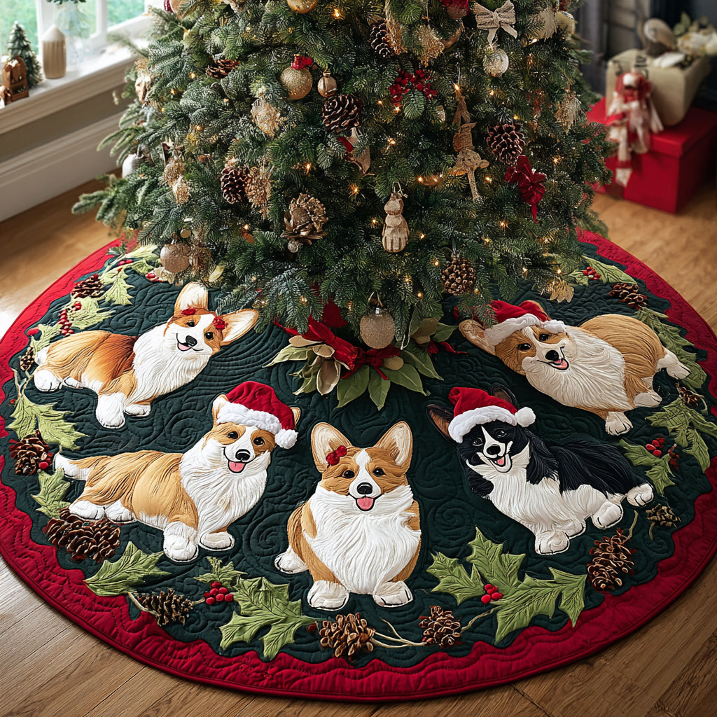 Corgi Sleigh Bells Quilted Christmas Tree Skirt Perfect Tree Skirt Gift for Mom or Grandma