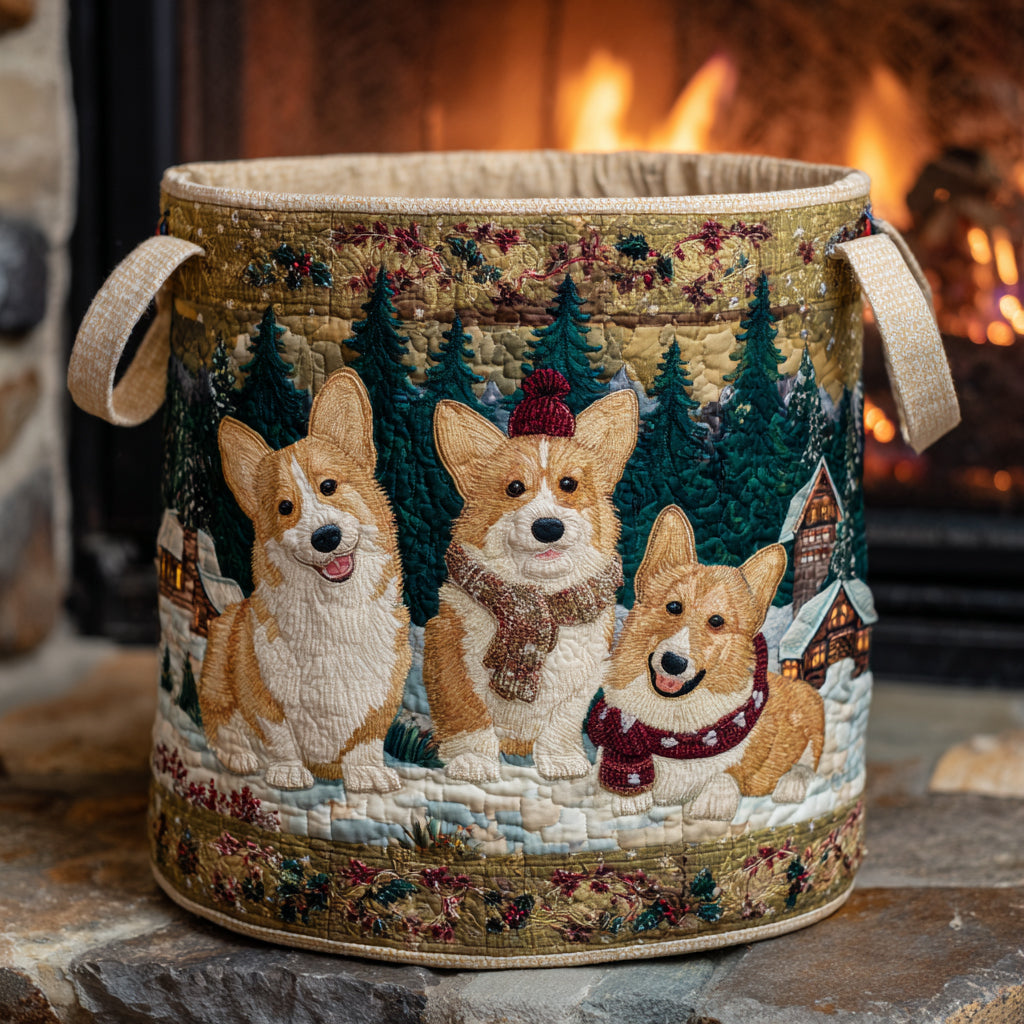 Corgi Sleigh Bells Quilted Laundry Basket Spacious Quilted Laundry Organizer for Everyday Living