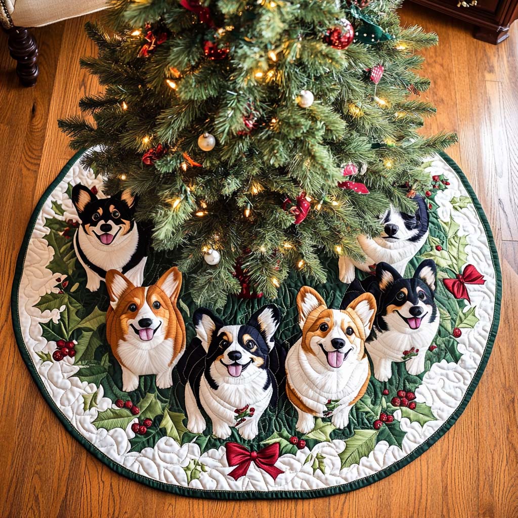 Corgi Sparkle Christmas Quilted Tree Skirt Christmas Holiday Decor Home