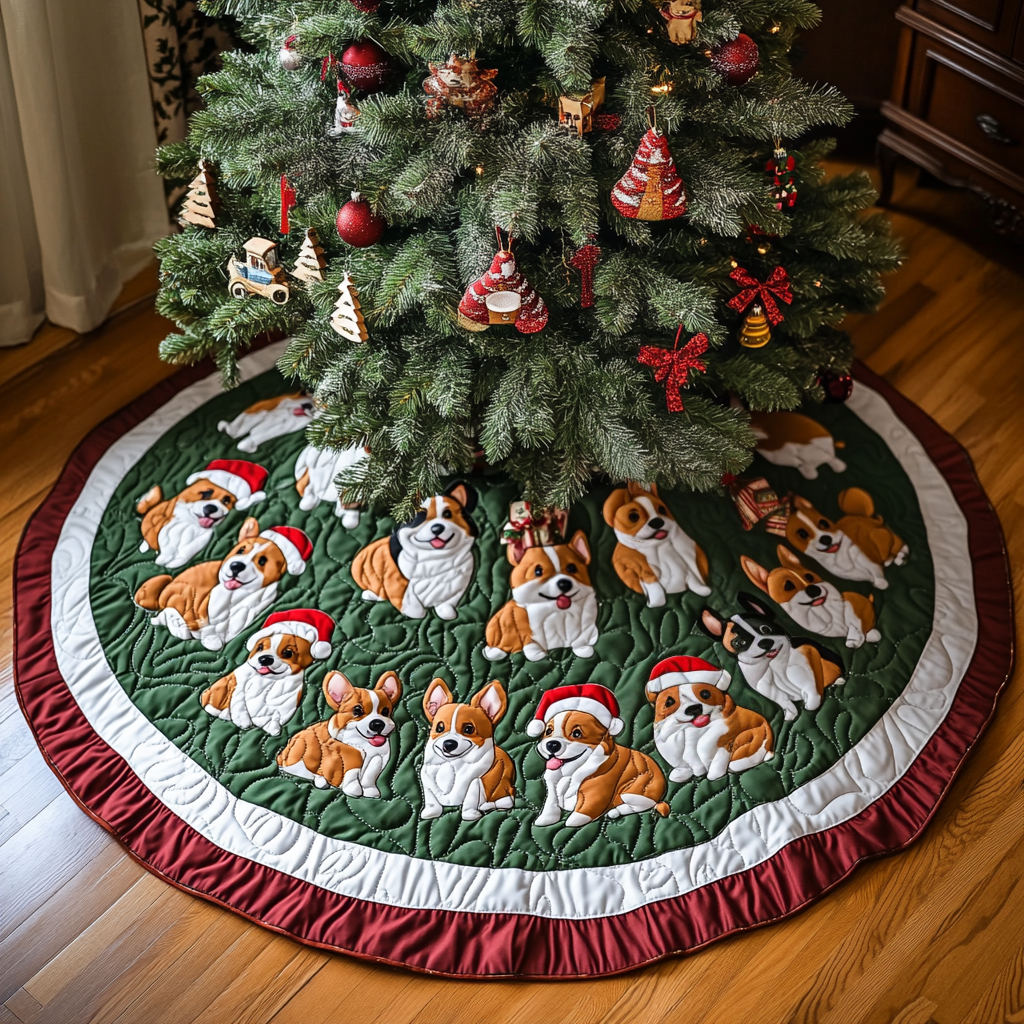 Corgi Sparkle Christmas Quilted Tree Skirt Festive Christmas Tree Skirt for Holiday Decor