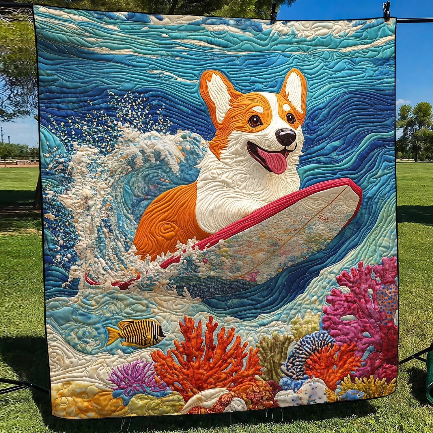 Corgi Waves Quilted Blanket Great Dog Christmas Gifts