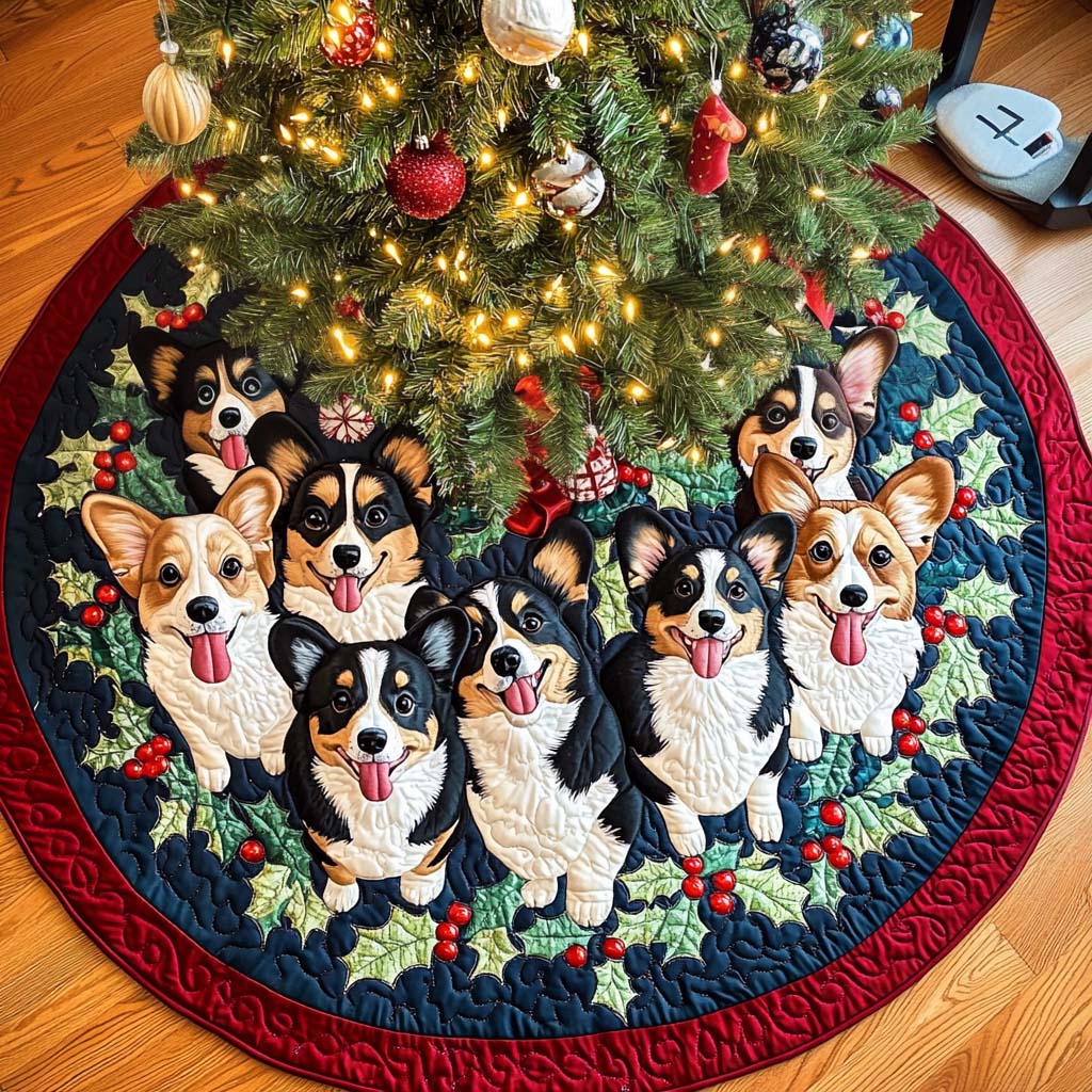 Corgi Whiskers Christmas Quilted Tree Skirt Beautiful Tree Skirt to Complete Your Christmas Look