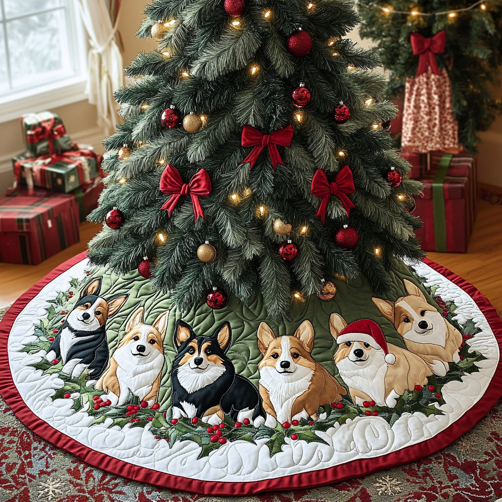 Corgi Wonderland Quilted Christmas Tree Skirt Special Holiday Tree Skirt Gift for Newlyweds