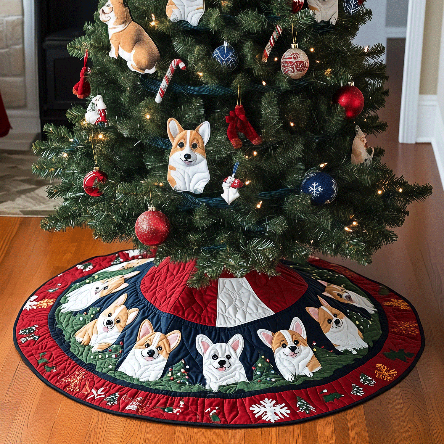 Corgi Xmas Quilted Christmas Tree Skirt Christmas Holiday Decor Home