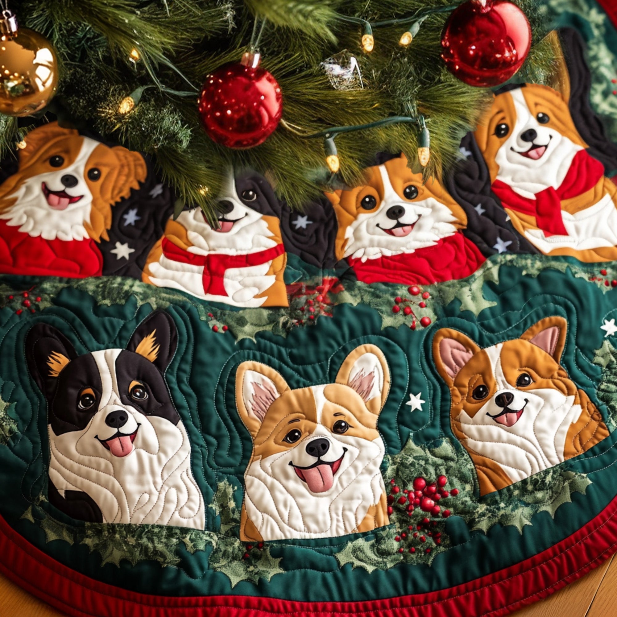 Corgi Yuletide Charm Quilted Christmas Tree Skirt Holiday Party Decor for Home