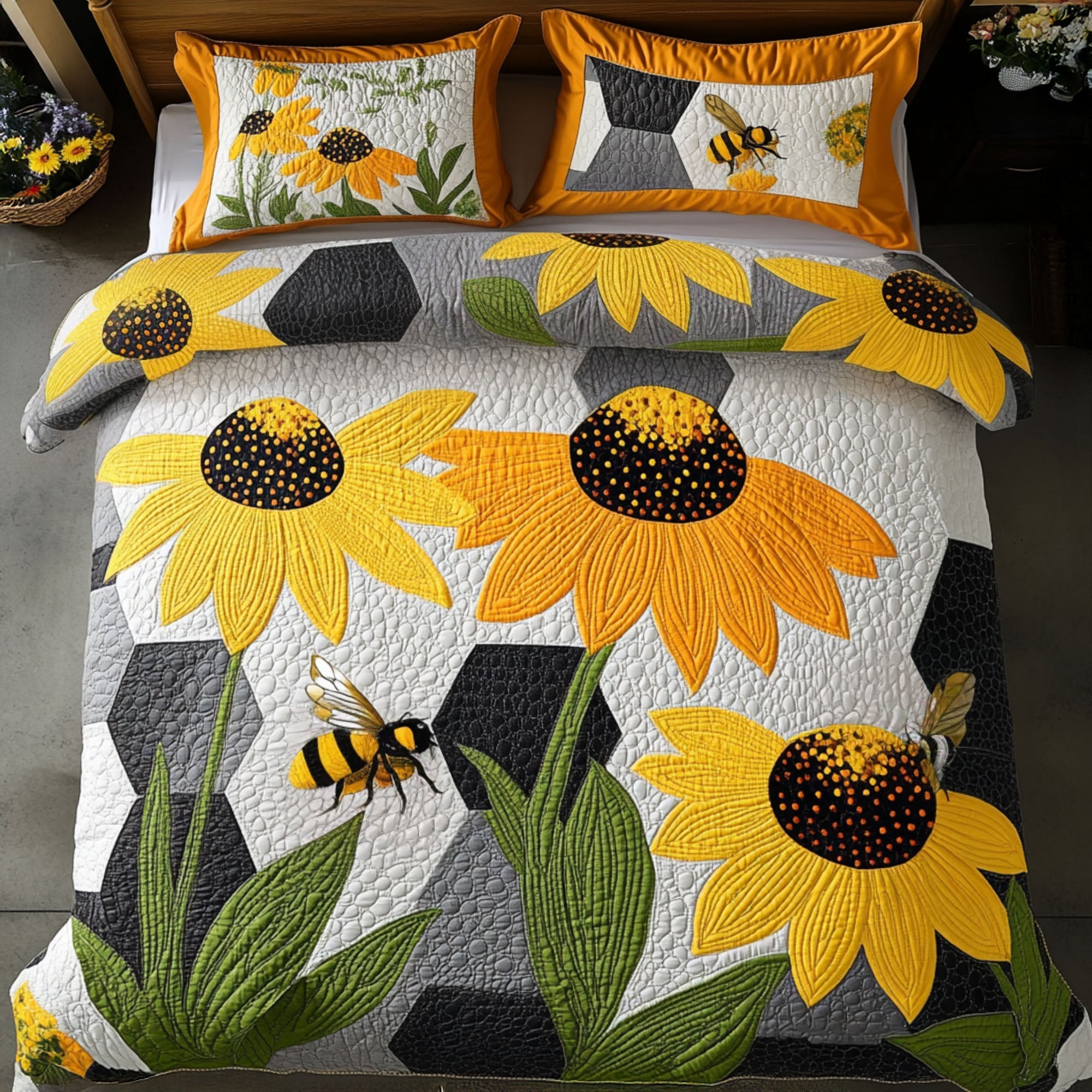 Cornflower Beauty Quilted Bedding Set Unique Bed Sheet Set Gifts For Beekeepers