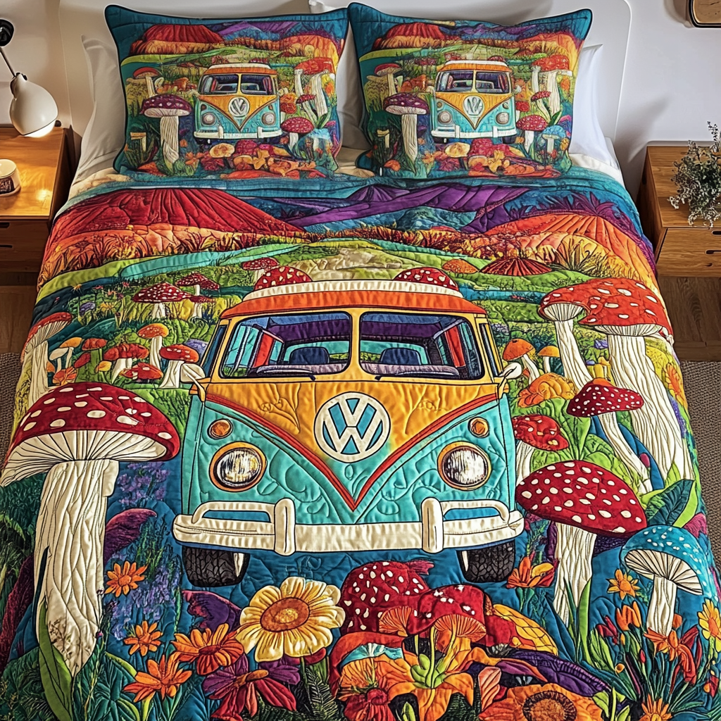 Cosmic Camper Quilted Bedding Set Bed Decorations Hippie Gifts For Mom