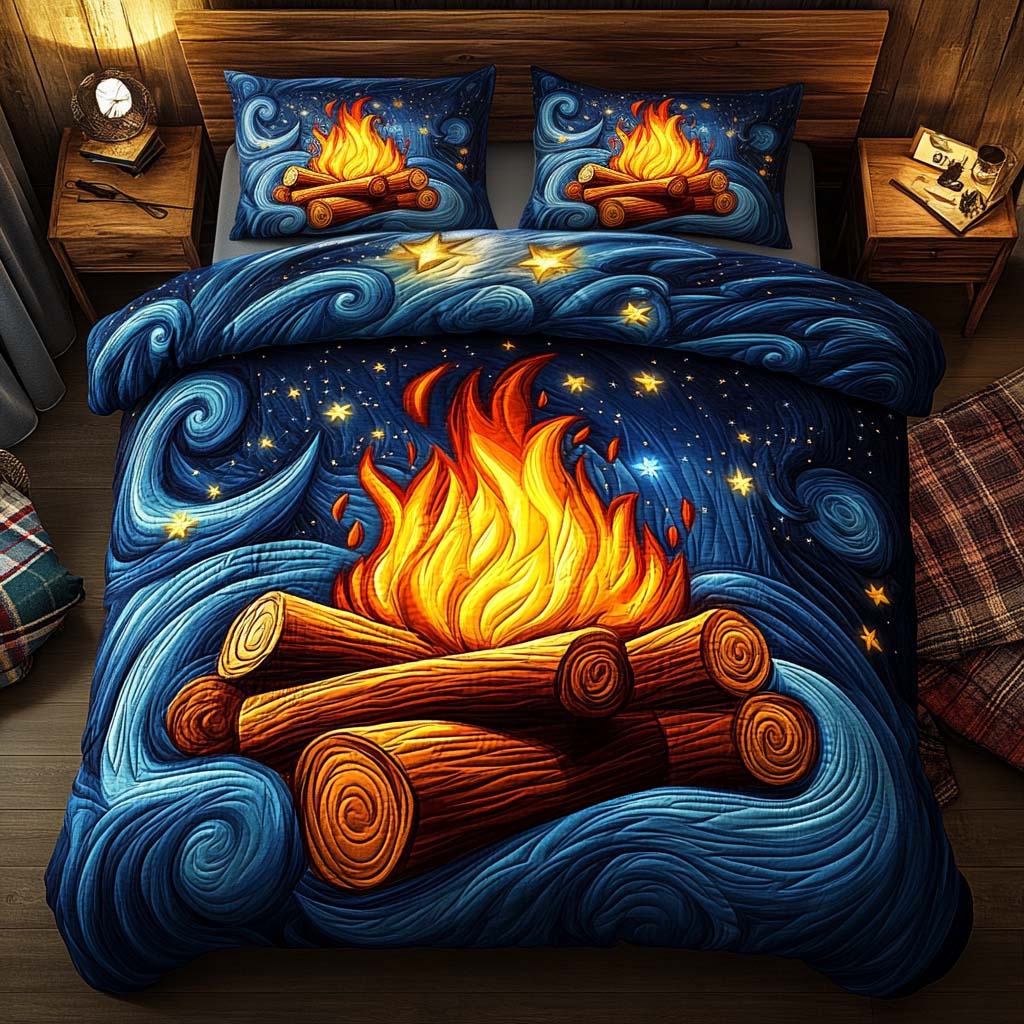 Cosmic Campfire Quilted Bedding Set Xmas Holiday Duvet Cover Set Hippie Christmas Gifts