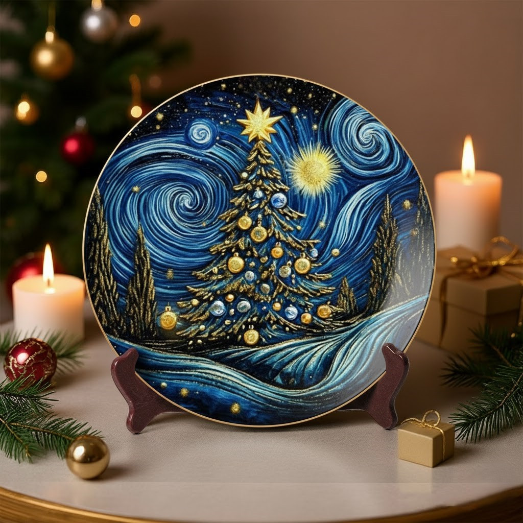 Cosmic Christmas Pine Tree Starry Night Ceramic Plate Table Decor Xmas Holiday Presents