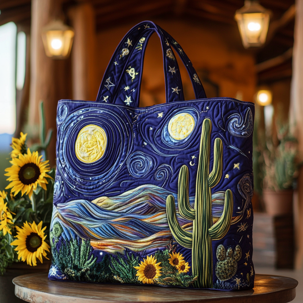 Cosmic Desert Quilted Tote Bag Christmas Cactus Gift