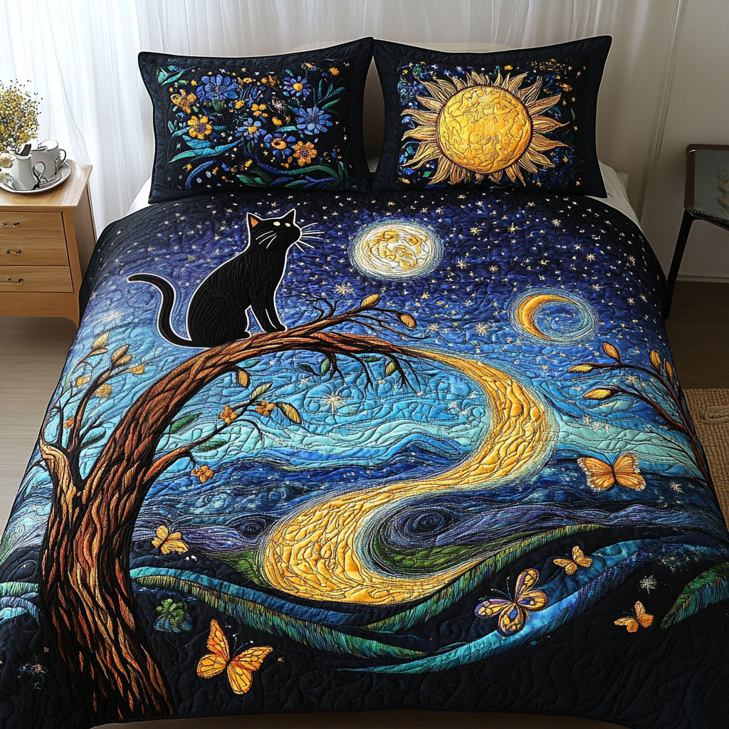 Cosmic Feline Quilted Bedding Set Bedspread Set Black Cat Gift Ideas